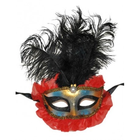 Masque Vénitien avec Plumes Noires, Organdi Rouge Adulte