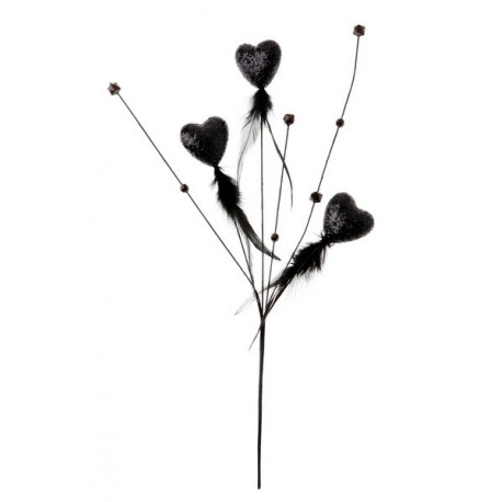 Piquet Coeurs Pailletes Noirs avec Plumes Perles 48 cm