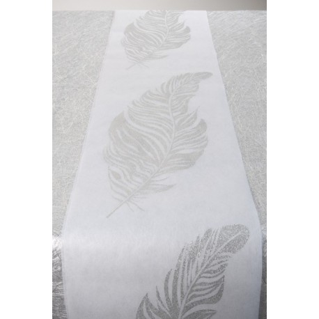 Chemin de table plume argent pailleté intissé blanc 5 M